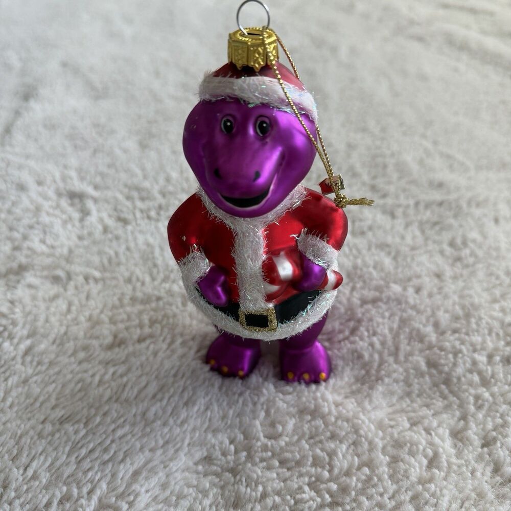 Vintage Barney The Dinosaur Christmas Tree Ornament 1999 Santa Hat Candy Cane